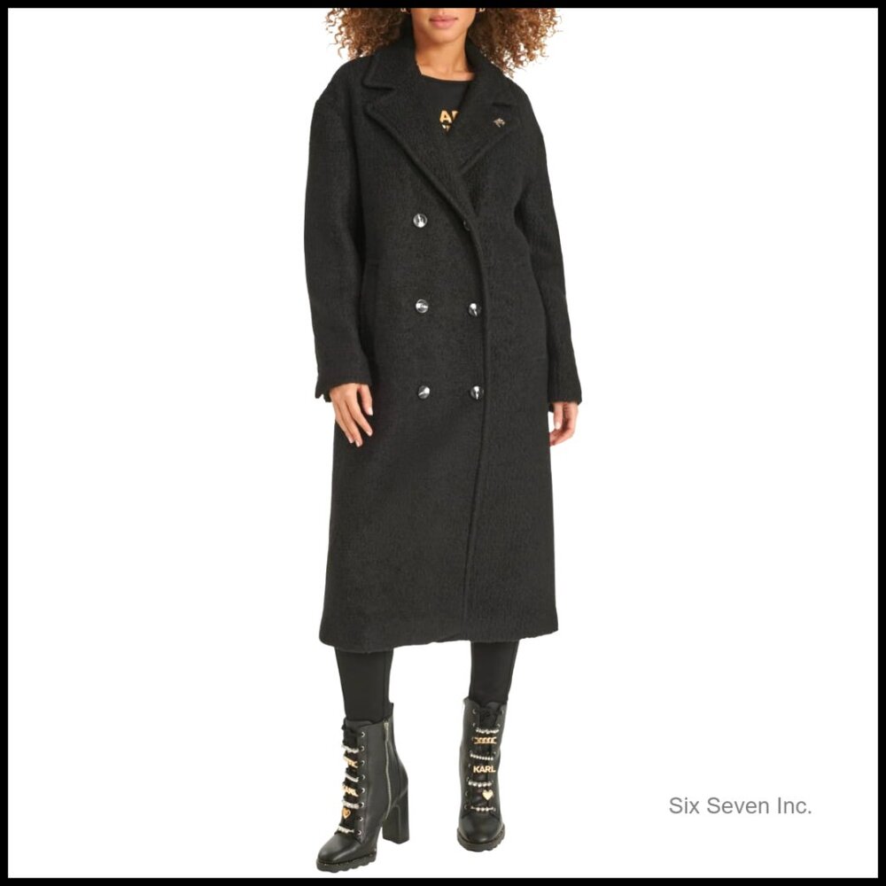 Long Double Breasted Textured Wool Peacoat With Lapel Pin
